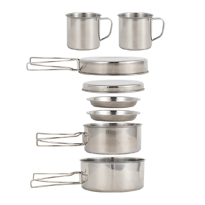 Camping Cooking And Cutlery Set - 8-częściowy zestaw naczyń kempingowych ze stali