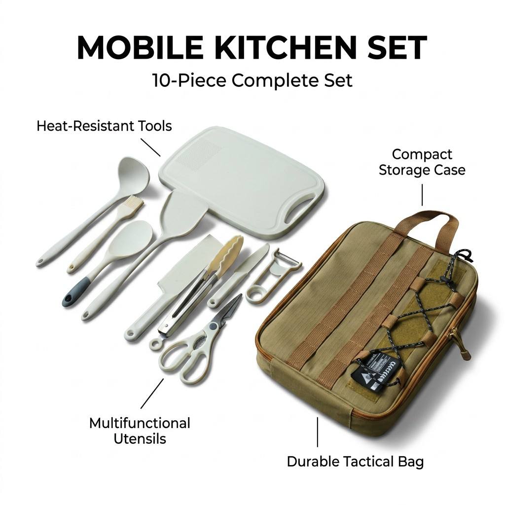 Camping Cooking And Cutlery Set - Przenośny 9-częściowy zestaw naczyń kempingowych, narzędzia
