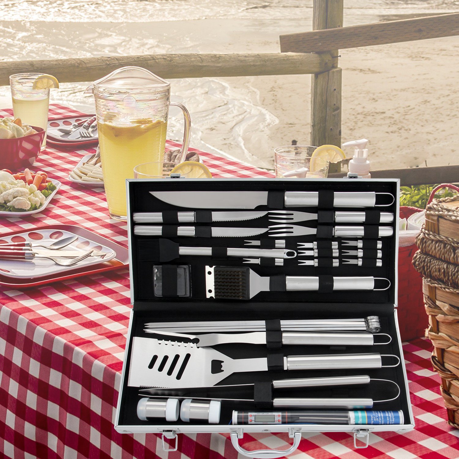 Camping Cooking Kit Box - Zestaw narzędzi z aluminiową skrzynką, 26