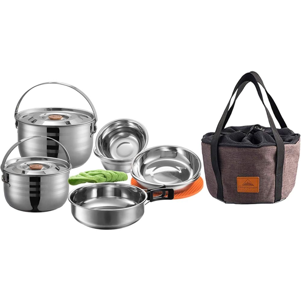 Nesting Camping Cooking Set - Zestaw naczyń kempingowych ze stali nierdzewnej,