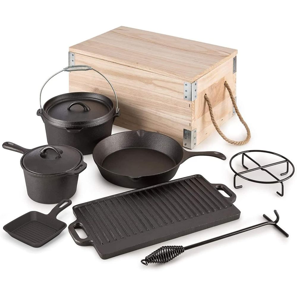 Vintage Camping Cooking Set - 8-częściowy zestaw garnków żeliwnych do gotowania,